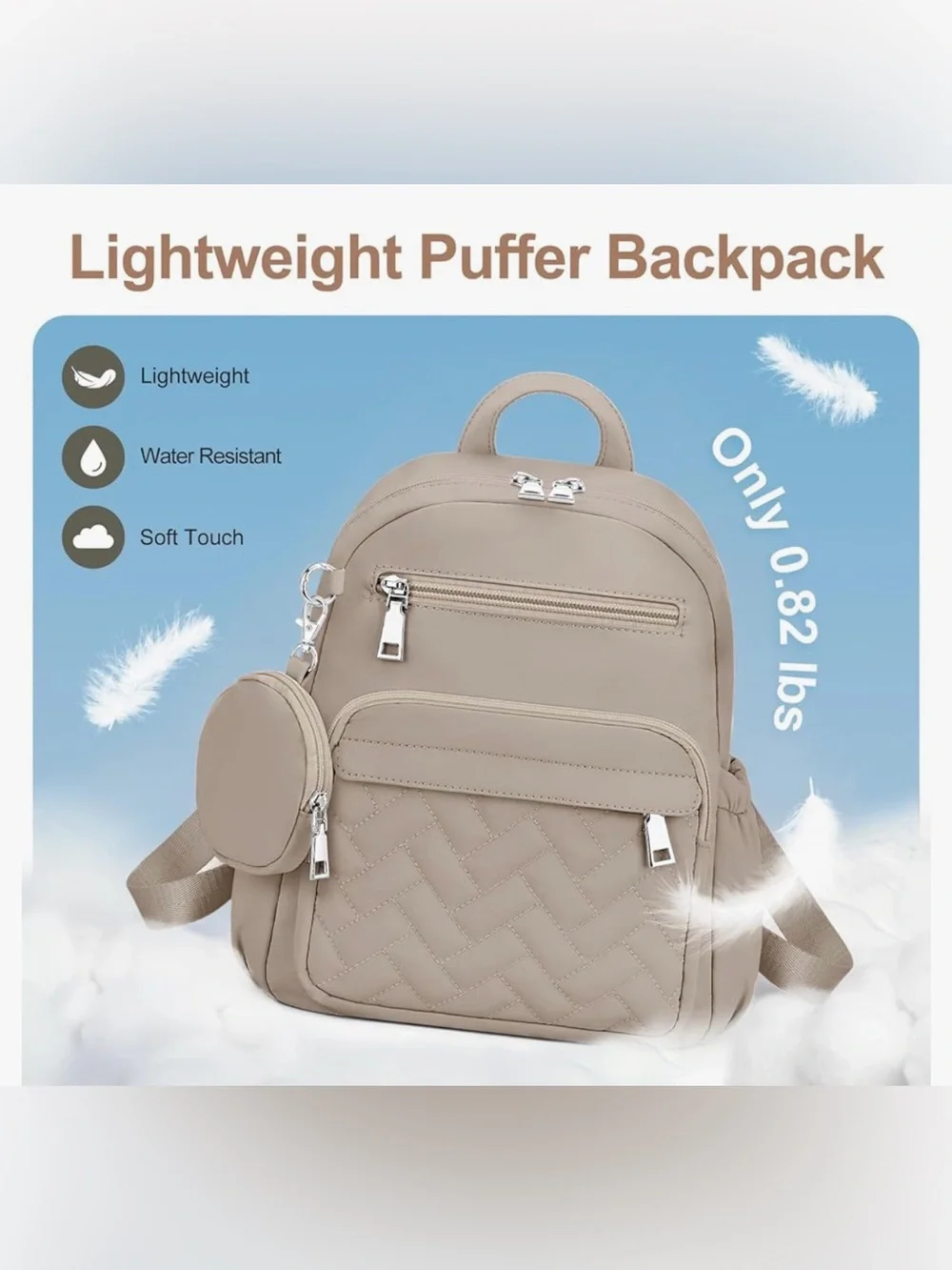 NWT SYTRAH Mini Puffer Backpack Taupe Anti-Theft Travel Bag